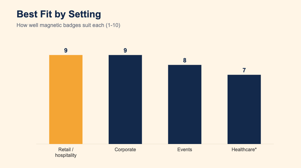 Bar chart of magnetic badge fit by setting: retail/hospitality 9, corporate 9, events 8, healthcare 7