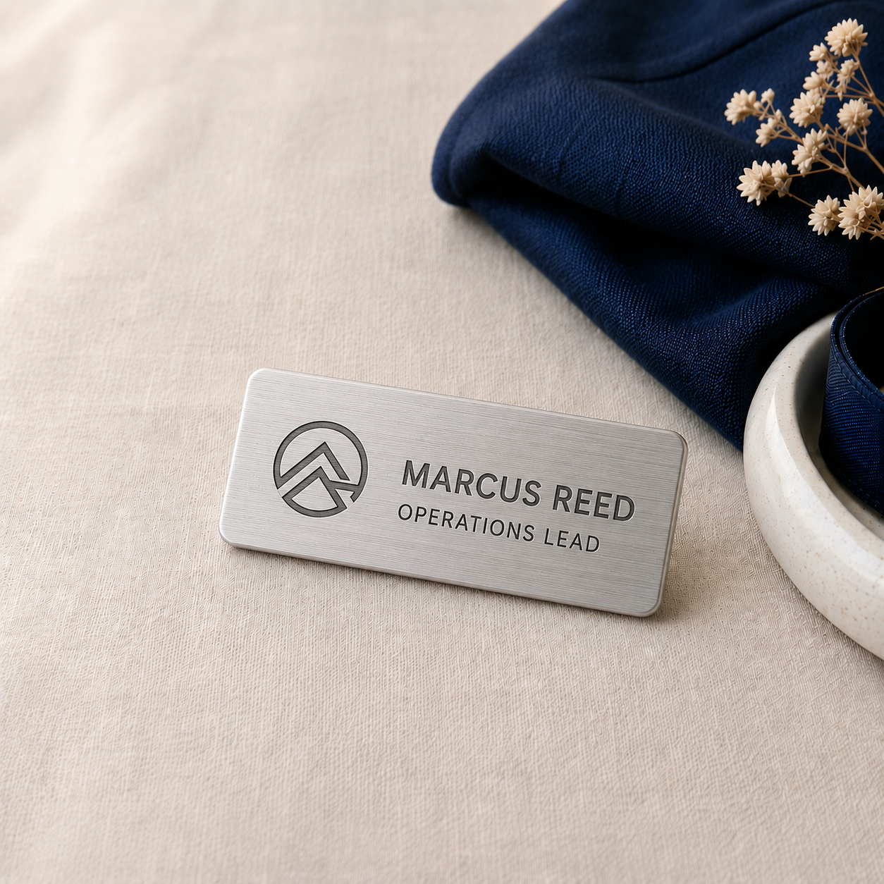 Engraved metal magnetic name badge with logo