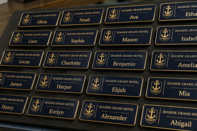 Magnetic name tags with logo arranged on a front desk