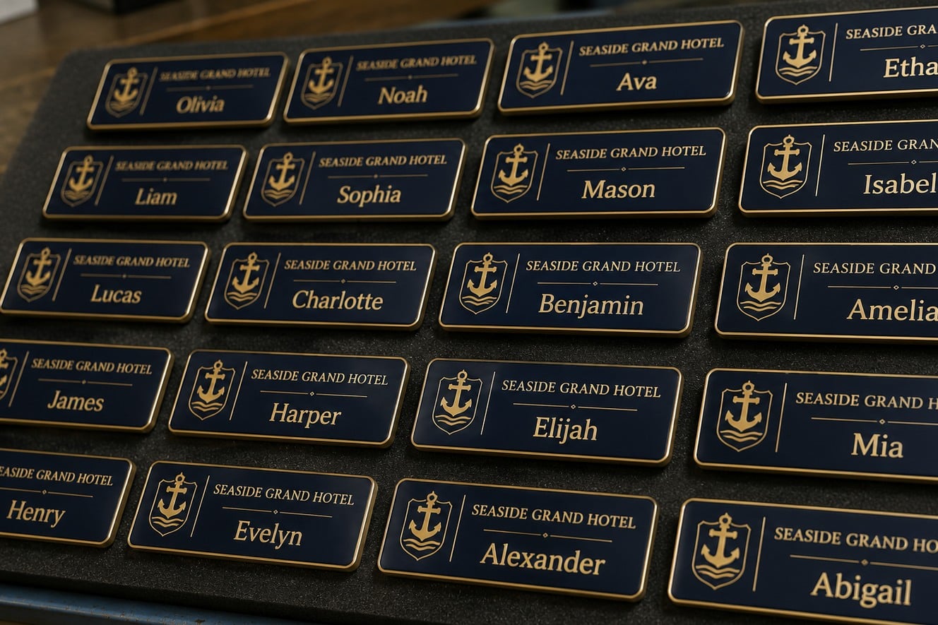 Magnetic name tags with logo arranged on a front desk