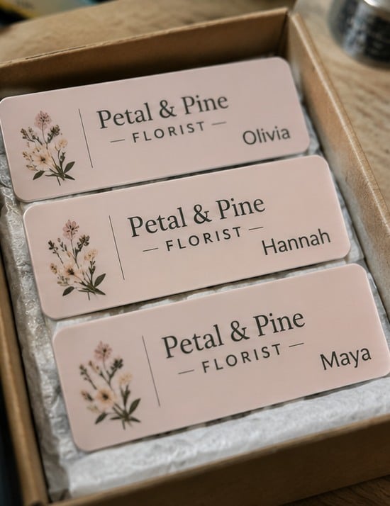 Name tags with logo printing — customer photo