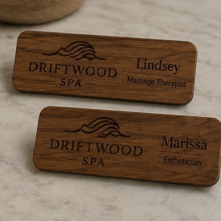 Wood-finish name tags